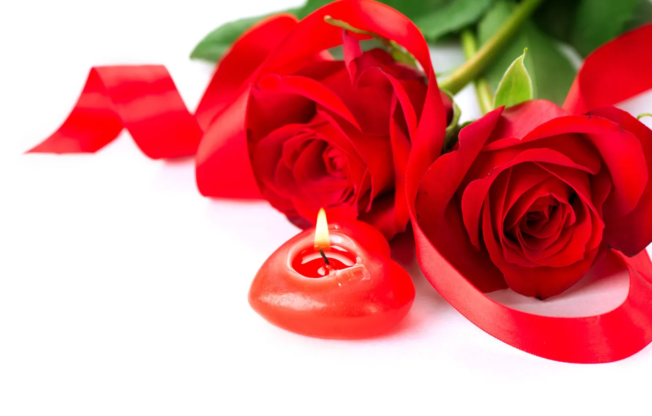 Фото обои романтика, розы, свеча, лента, red, heart, Roses, holiday
