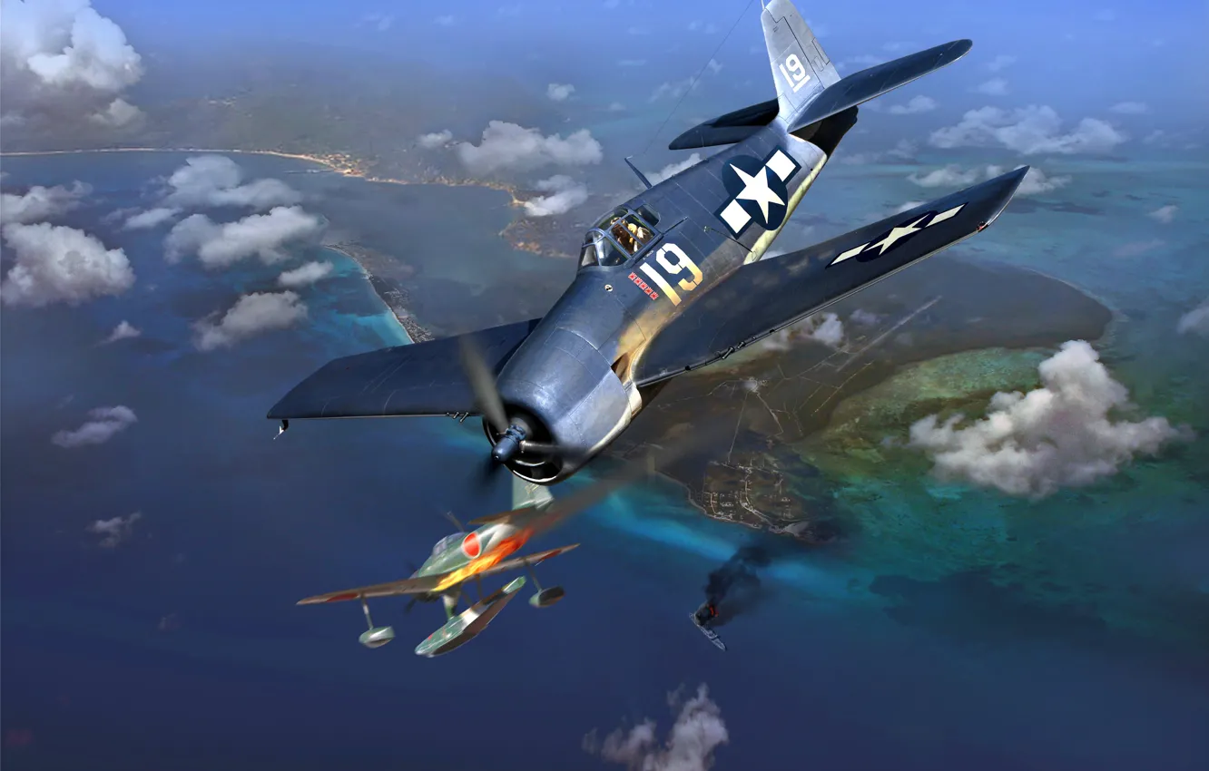 Фото обои Nakajima, A6M2-N, F6F-3 Hellcat, WWII, Поплавковый истребитель, Радиальный двигатель R-2800-10W