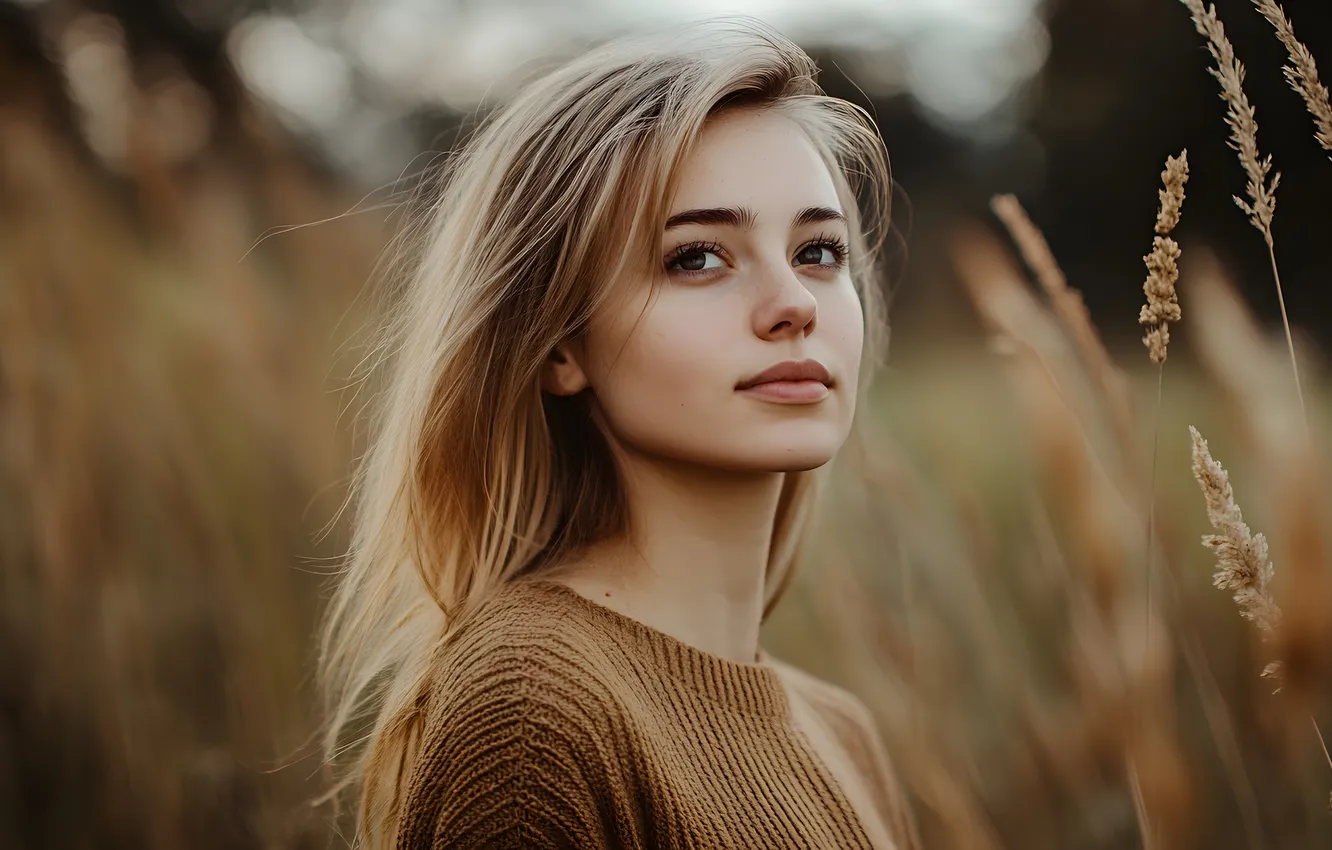 Фото обои поле, взгляд, девушка, природа, лицо, поза, улыбка, портрет