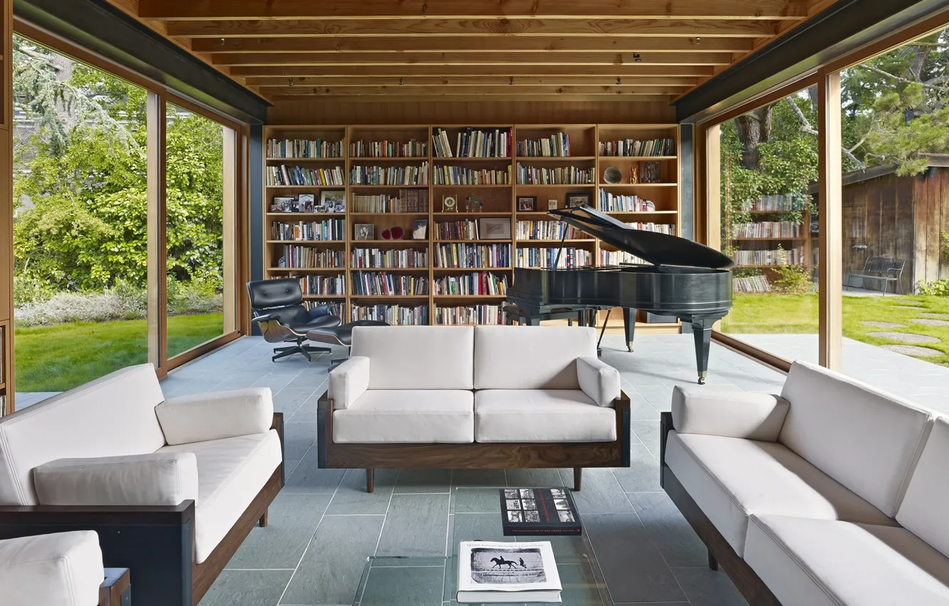 Фото обои интерьер, рояль, библиотека, гостиная, Low-Rise House, by Spiegel Aihara Workshop