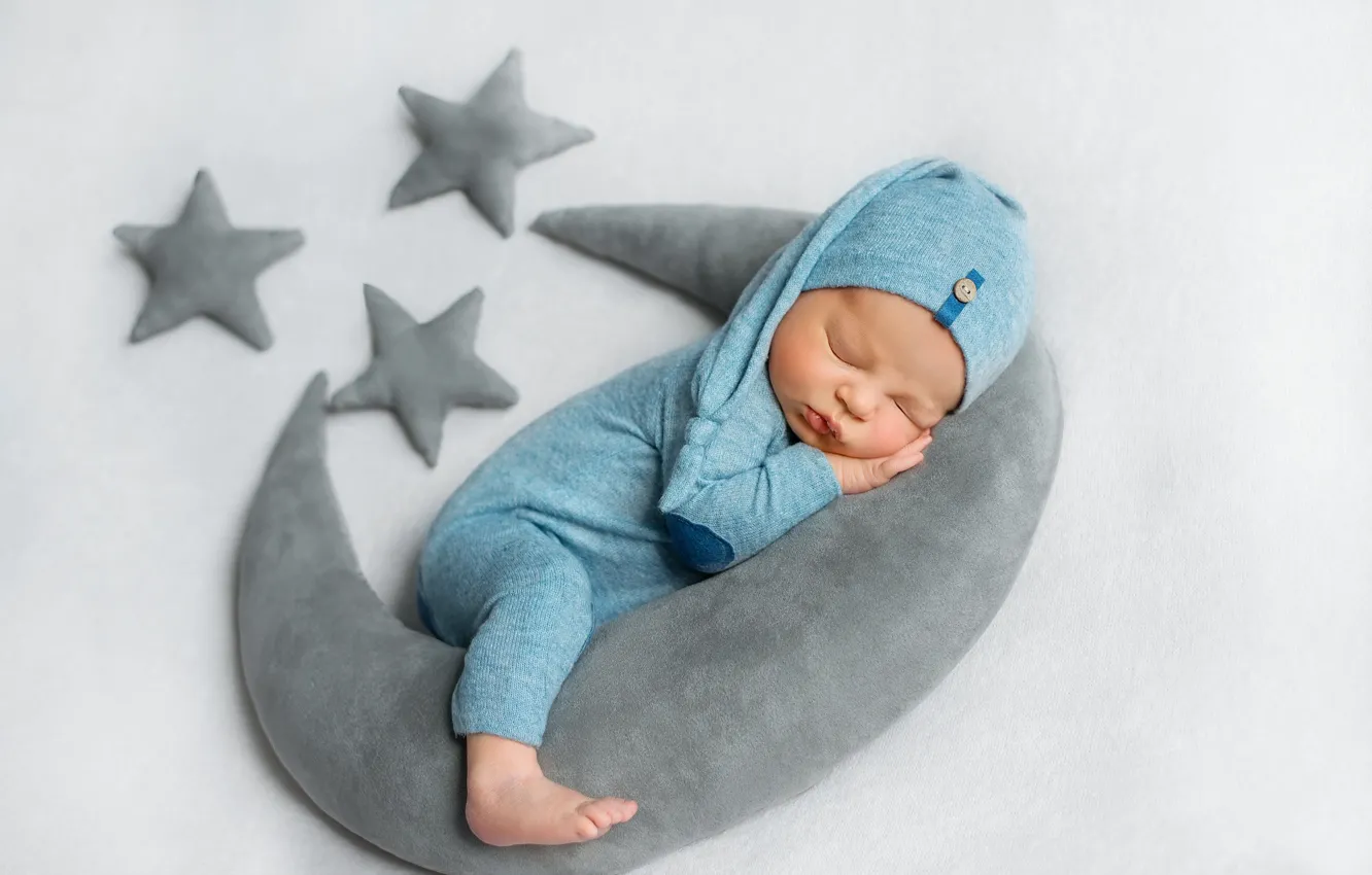 Фото обои сон, звёзды, подушка, комбинезон, ребёнок, младенец, полумесяц, верхом