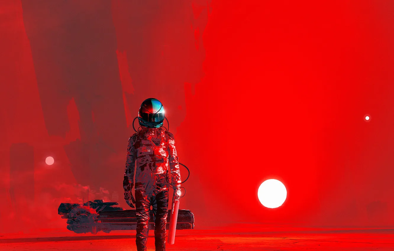 Фото обои солнце, красный, фантастика, скафандр, арт, шлем