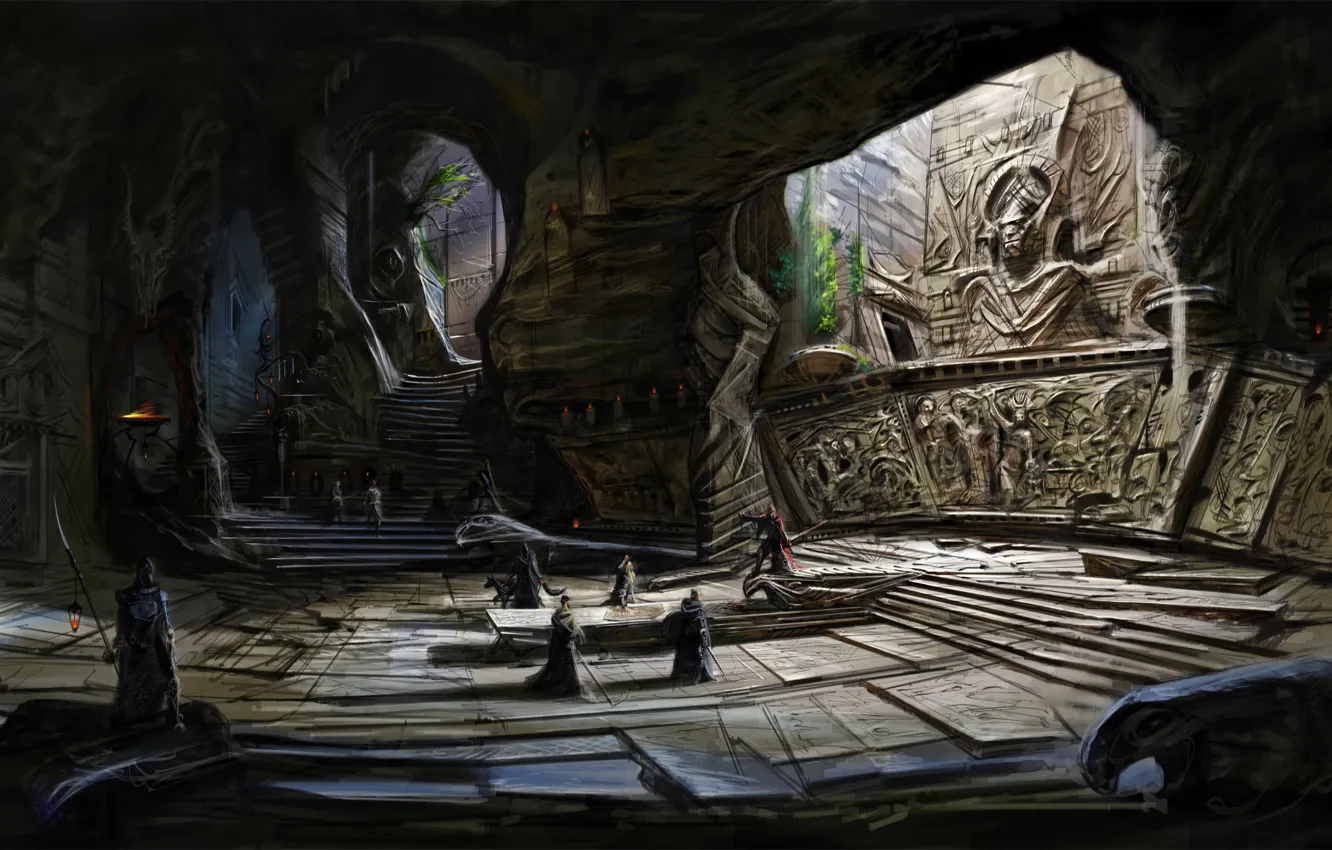 Фото обои люди, ступени, храм, пещера, Skyrim, concept art, The Elder Scrolls V