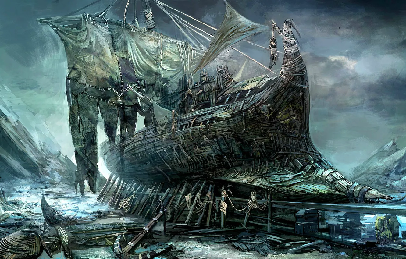 Фото обои корабль, разрушения, сумрак, заброшенное, якорь, the Witcher, проклятое место, рваные паруса