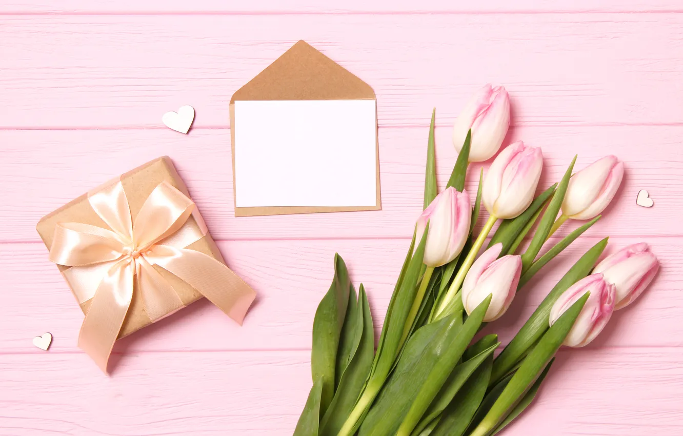 Фото обои цветы, подарок, букет, тюльпаны, розовые, wood, pink, flowers