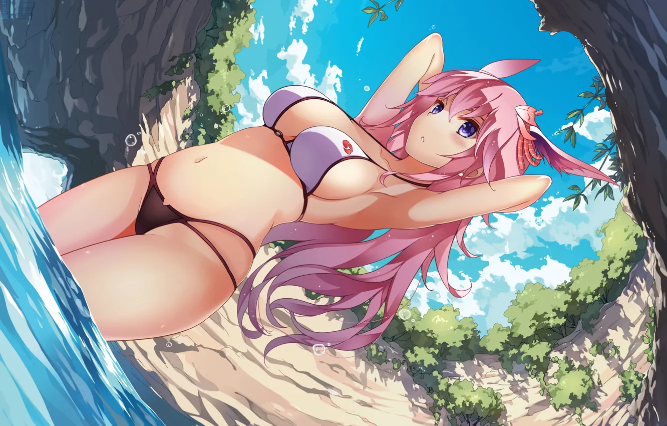 Фото обои girl, grass, sexy, wet, beach, pink hair, long hair, trees