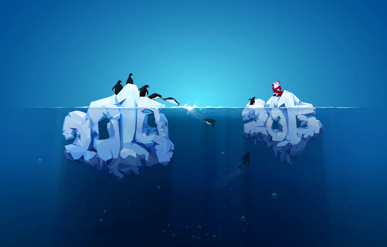 Фото обои новый год, пингвины, айсберг, 2014, 2015, красный дед