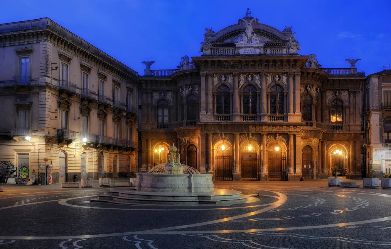 Фото обои площадь, Италия, фонтан, театр, Сицилия, Катания, Массимо Беллини