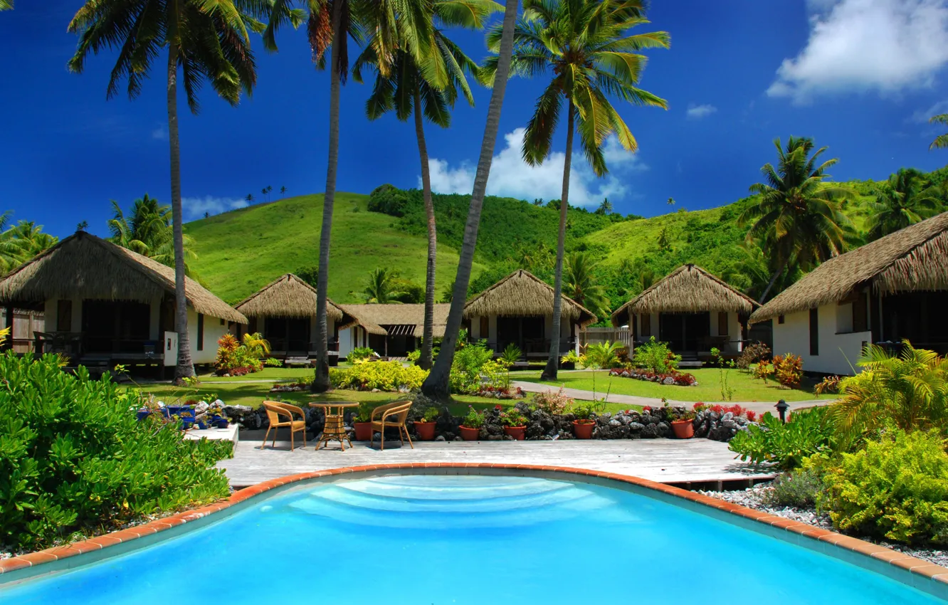 Фото обои пальмы, бассейн, отель, экзотика, бунгало