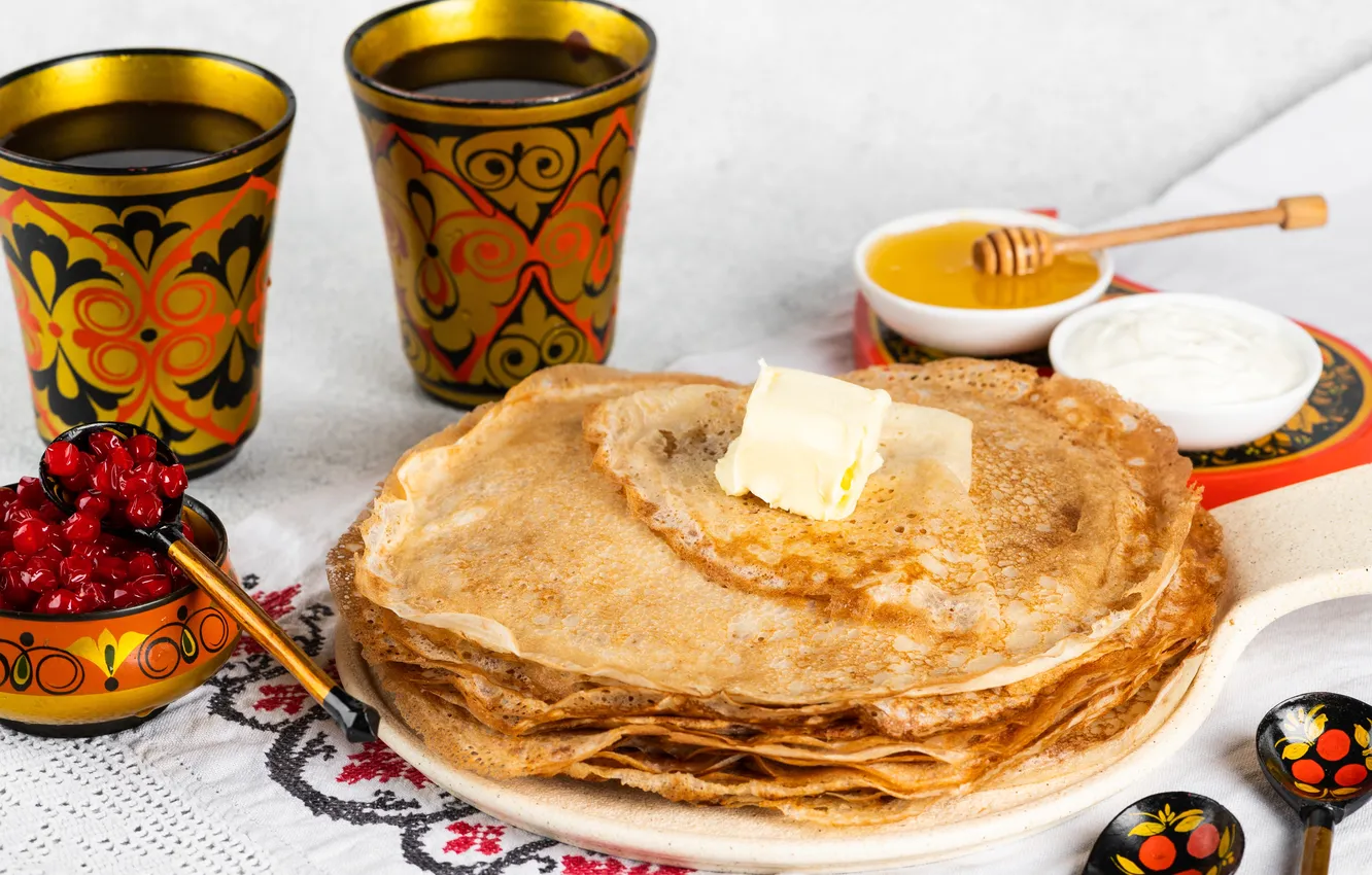 Фото обои honey, food, background, russian, tea, table, stack, pancake