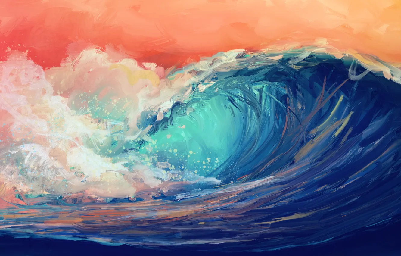 Фото обои waves, sky, water, art, digital art, artwork, Sea, orange sky
