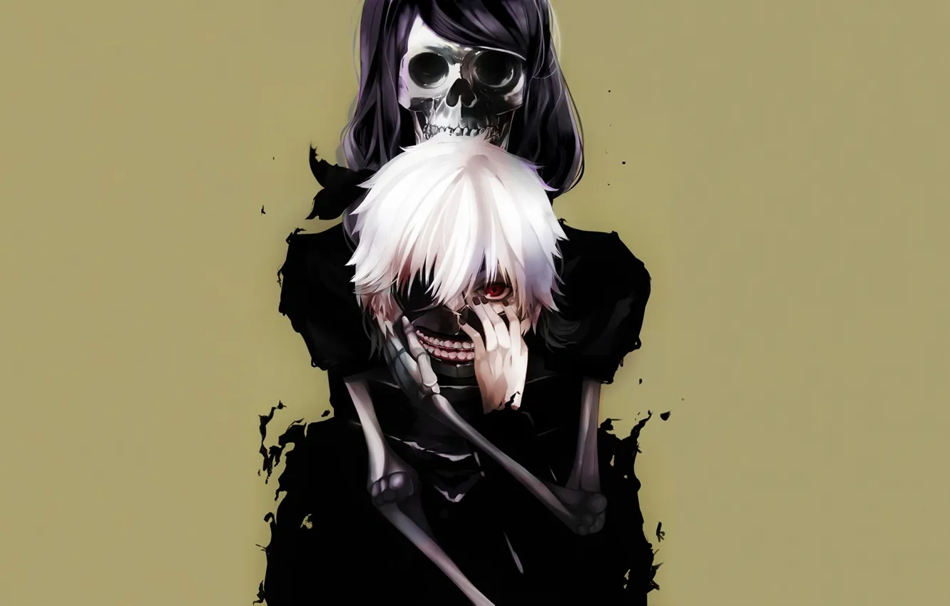 Фото обои маска, скелет, парень, красный глаз, Tokyo Ghoul, Ken Kaneki, Токийский Гуль, Kamishiro Rize