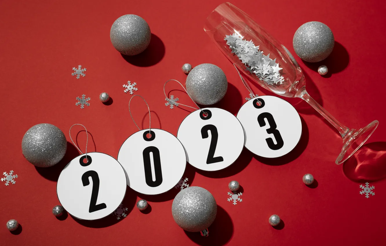 Фото обои шарики, круги, снежинки, серебро, бокал, цифры, Новый год, круглые