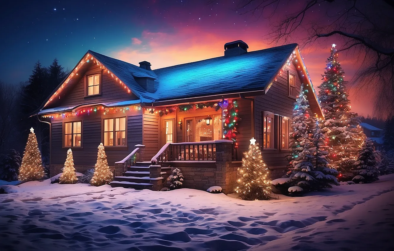 Фото обои зима, снег, украшения, ночь, lights, дом, елка, colorful