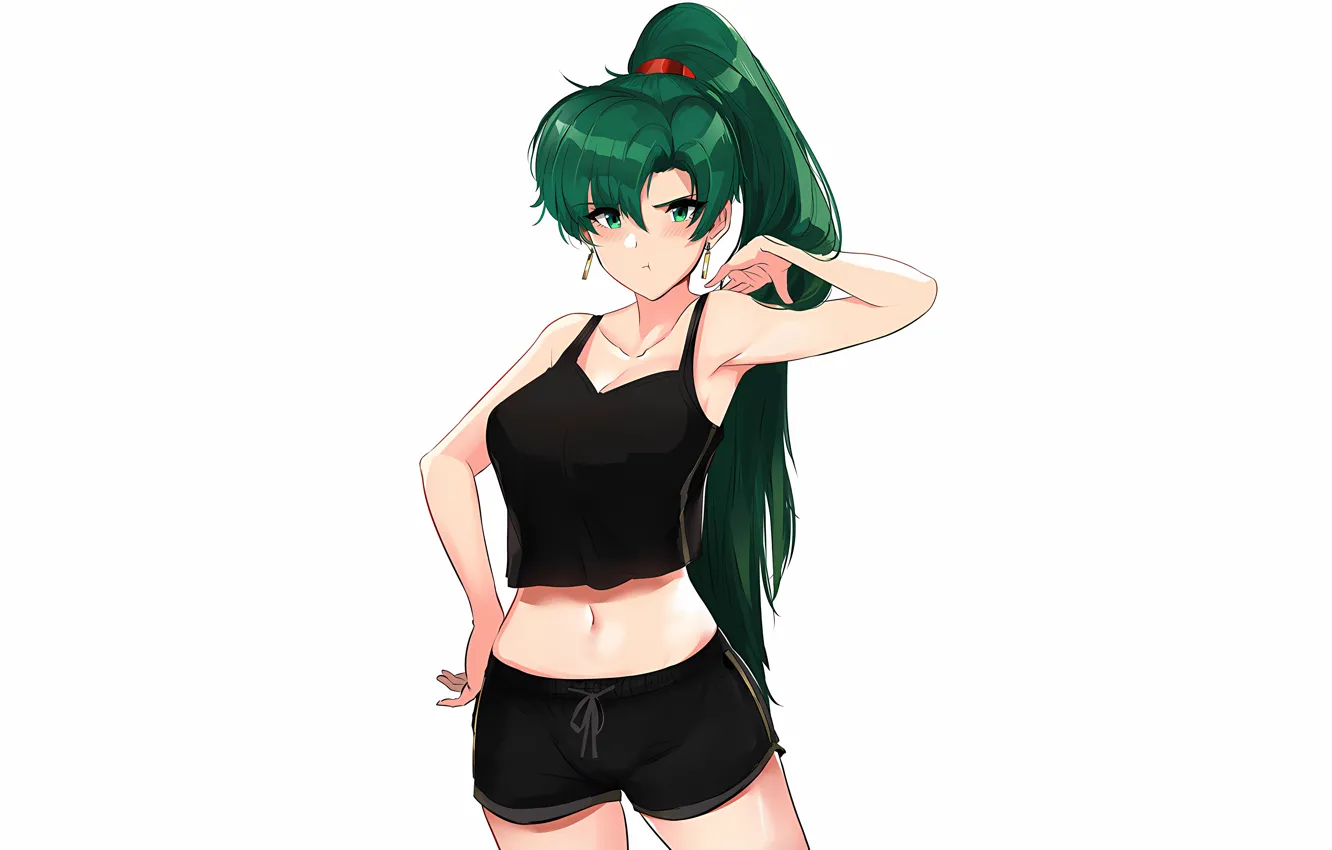 Фото обои girl, sexy, cleavage, shorts, green eyes, long hair, boobs, anime