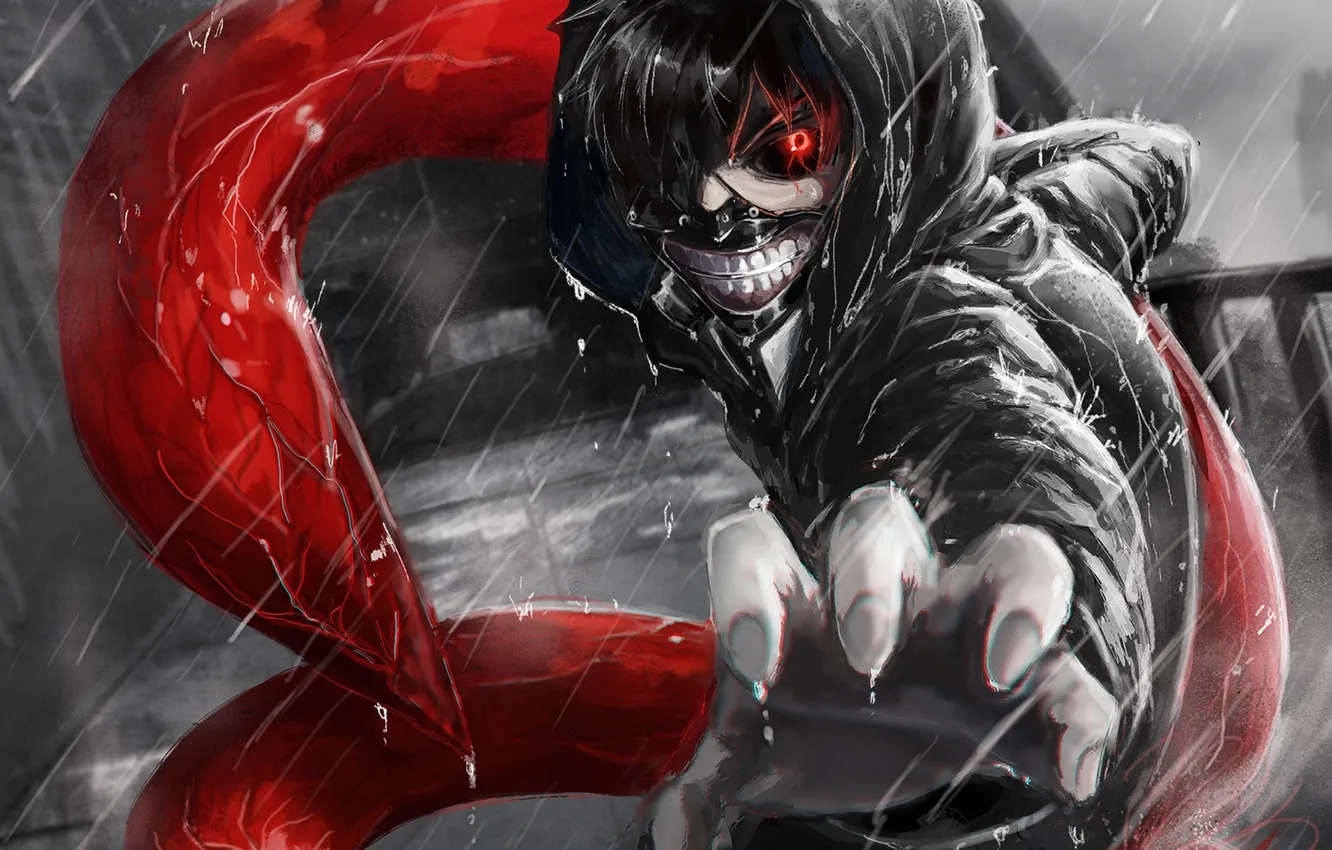 Фото обои взгляд, дождь, парень, жест, art, монохромное, tokyo ghoul, kaneki ken