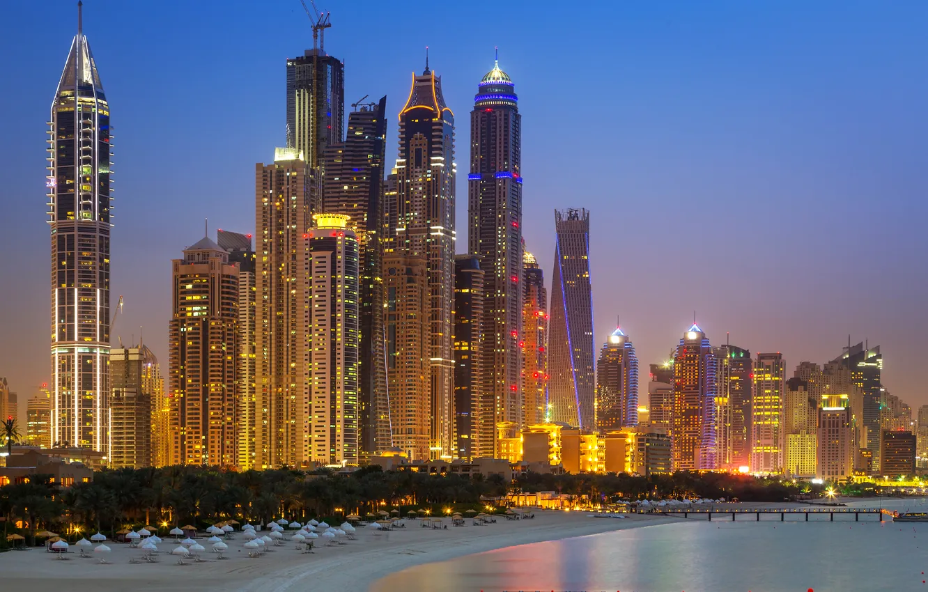 Фото обои пляж, ночь, огни, побережье, дома, небоскребы, залив, Дубай