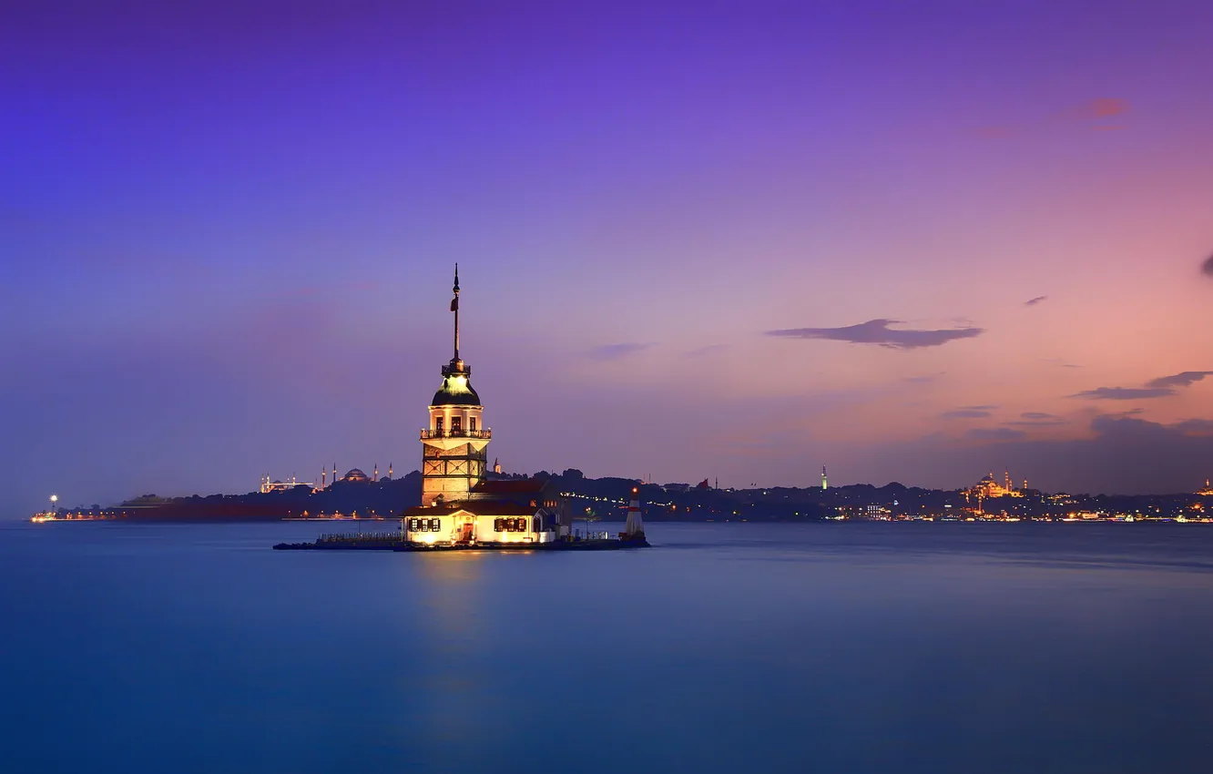 Фото обои море, город, рассвет, берег, побережье, сооружение, островок, Стамбул