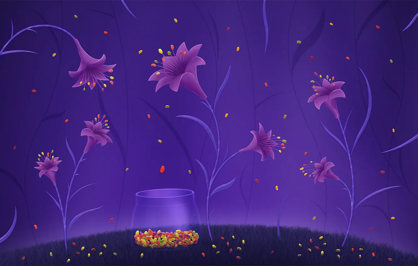 Фото обои фиолетовый, цветы, яркий, рисунок, лилии, конфеты