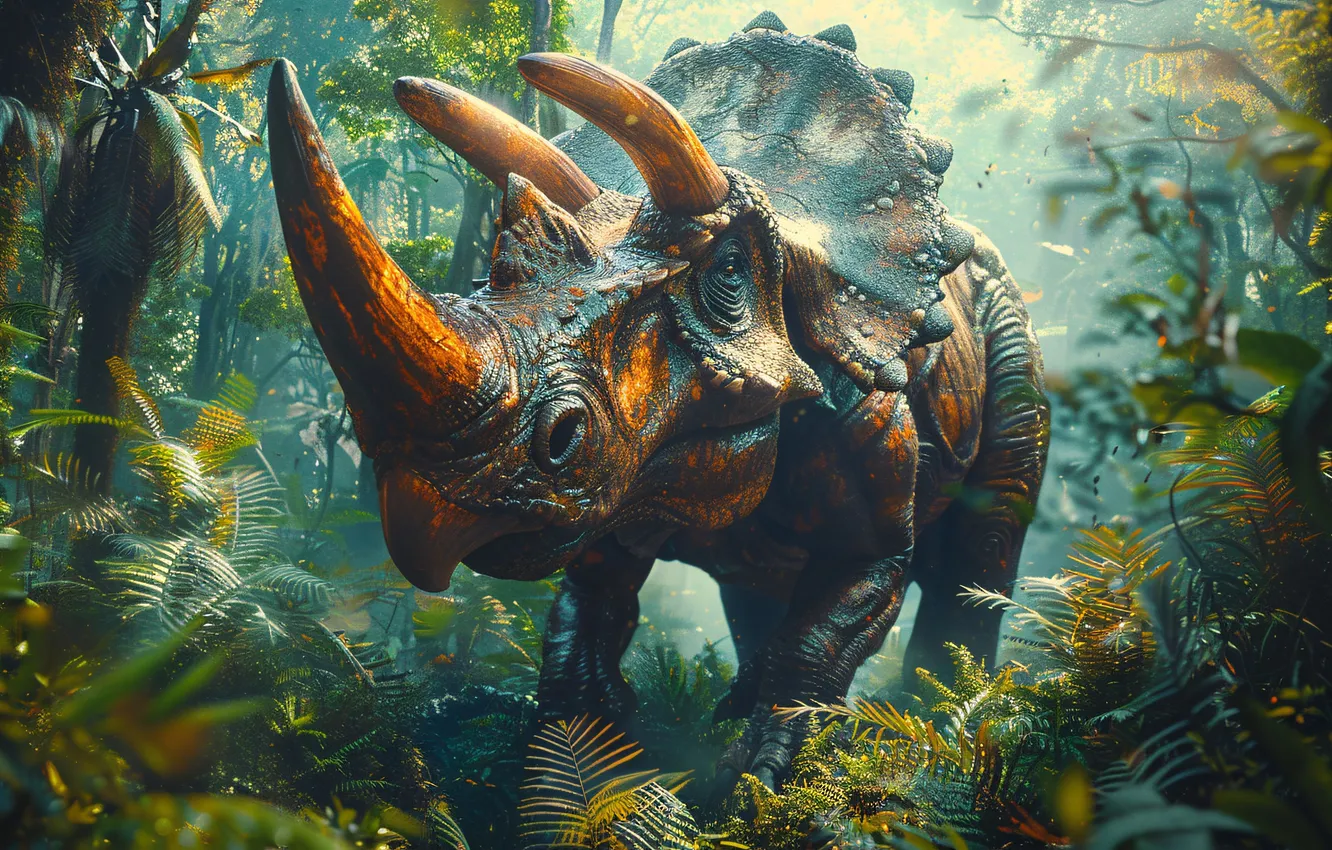 Фото обои Деревья, Морда, Динозавр, Рога, Triceratops, Животное, Цифровое искусство, Трицератопс