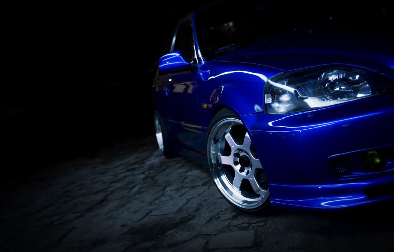 Фото обои Honda, Blue, Front, Side, Civic, Honda Civic, Dark Background, Black Background