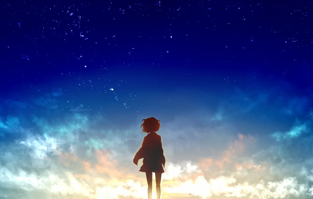 Фото обои небо, девушка, солнце, звезды, облака, закат, аниме, арт