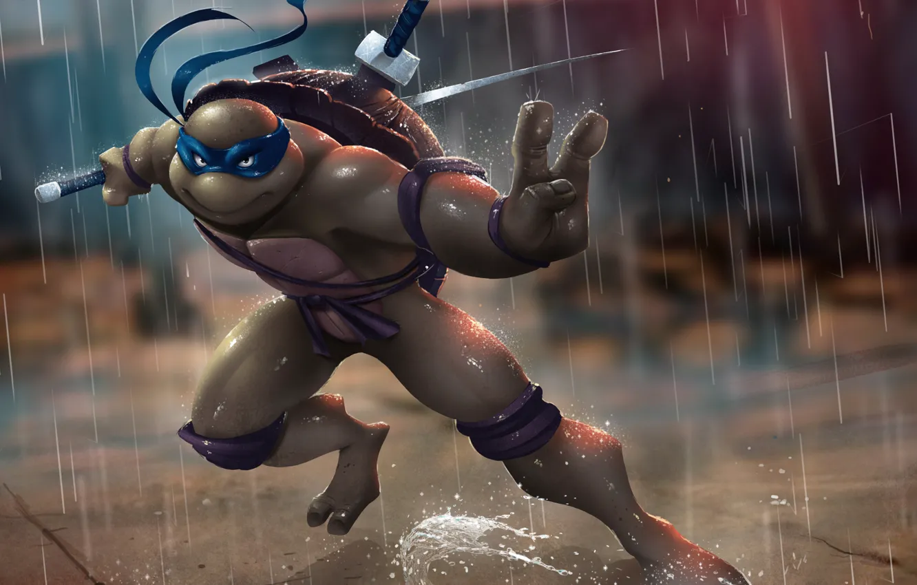 Фото обои дождь, черепаха, меч, ниндзя, tmnt, мутант, Leonardo, Teenage Mutant Ninja Turtles