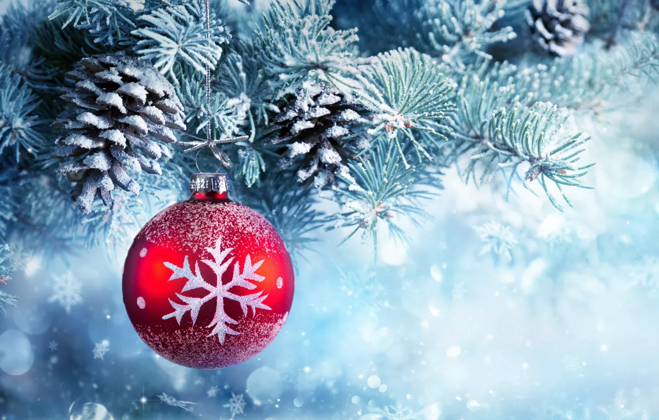 Фото обои снег, украшения, шары, елка, Новый Год, Рождество, Christmas, balls