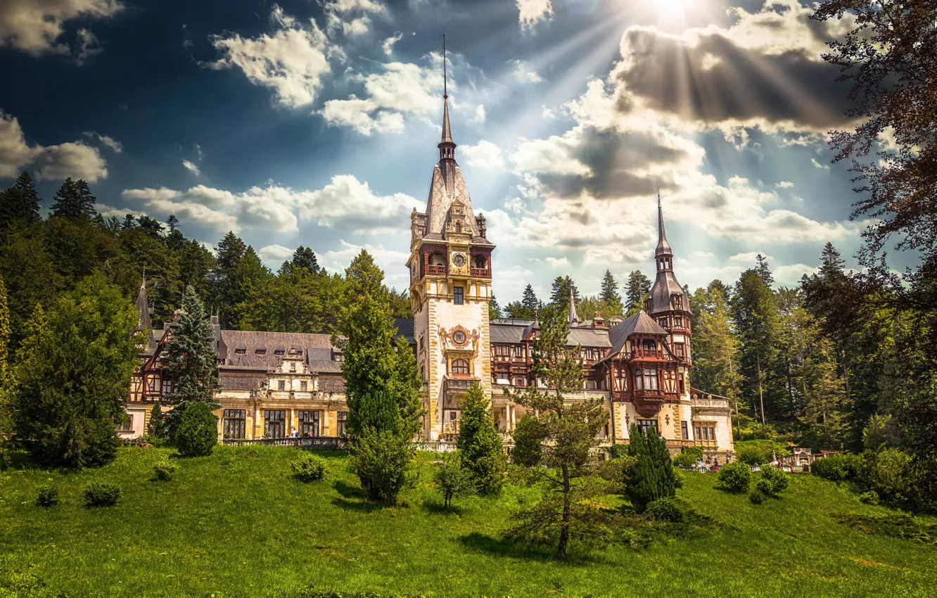 Фото обои облака, замок, Карпаты, Румыния, Peles Castle