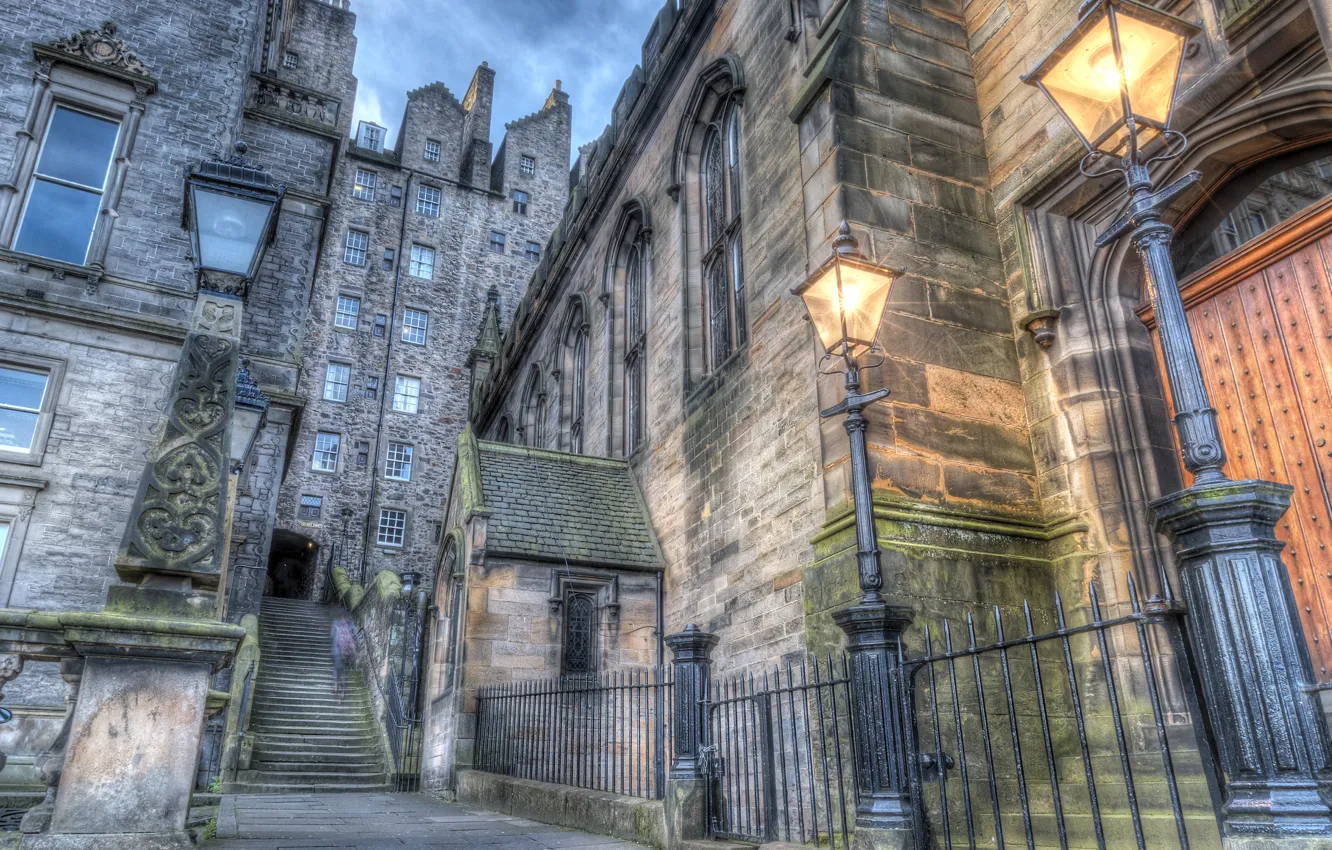Фото обои HDR, Шотландия, фонари, лестница, Scotland, Edinburgh, Houses