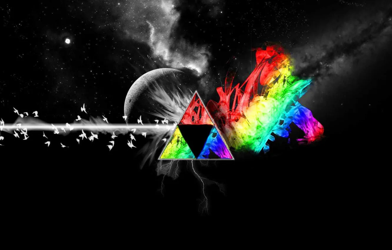 Фото обои Музыка, Луна, Космос, Треугольник, Pink Floyd, Голуби, Призма, Рок