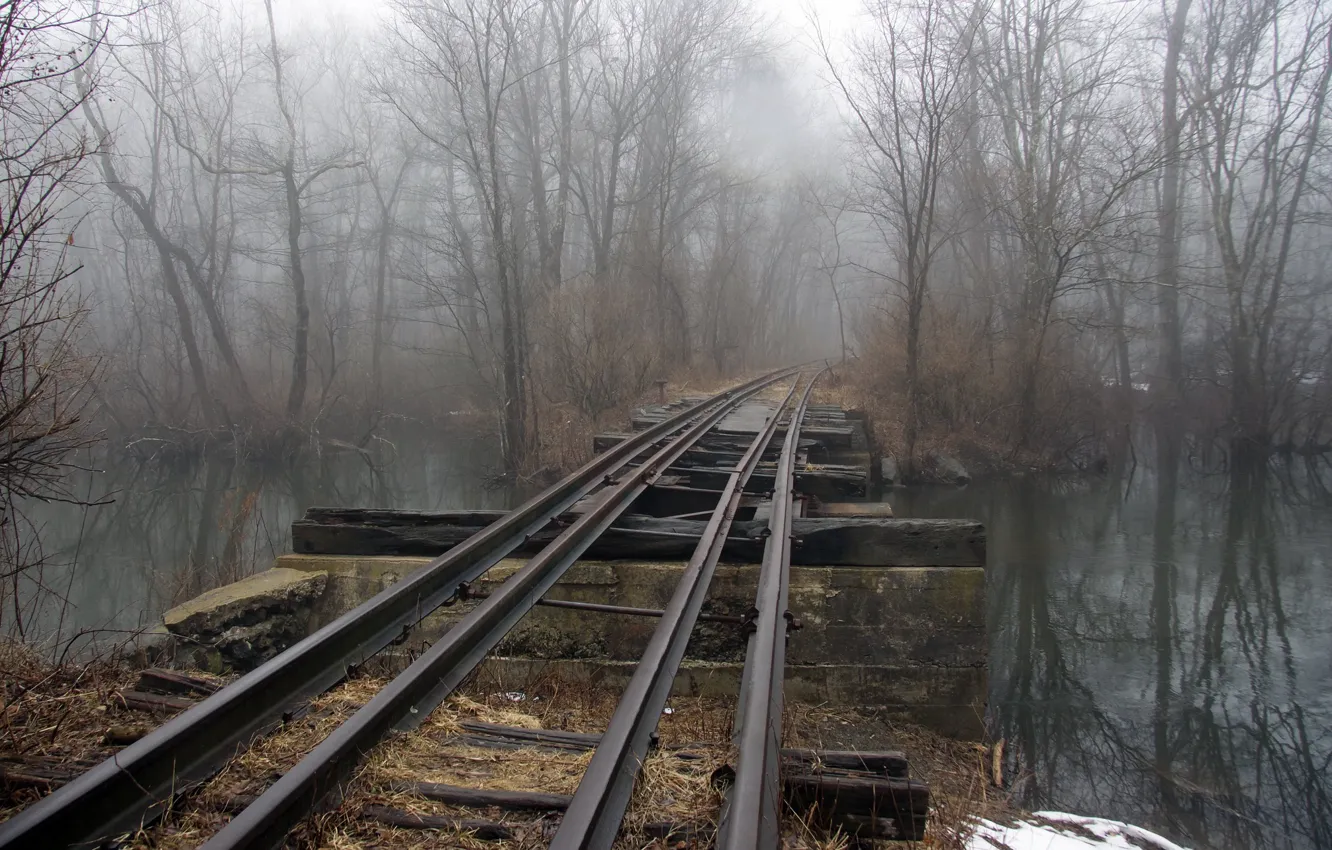 Фото обои мост, туман, река, железная дорога