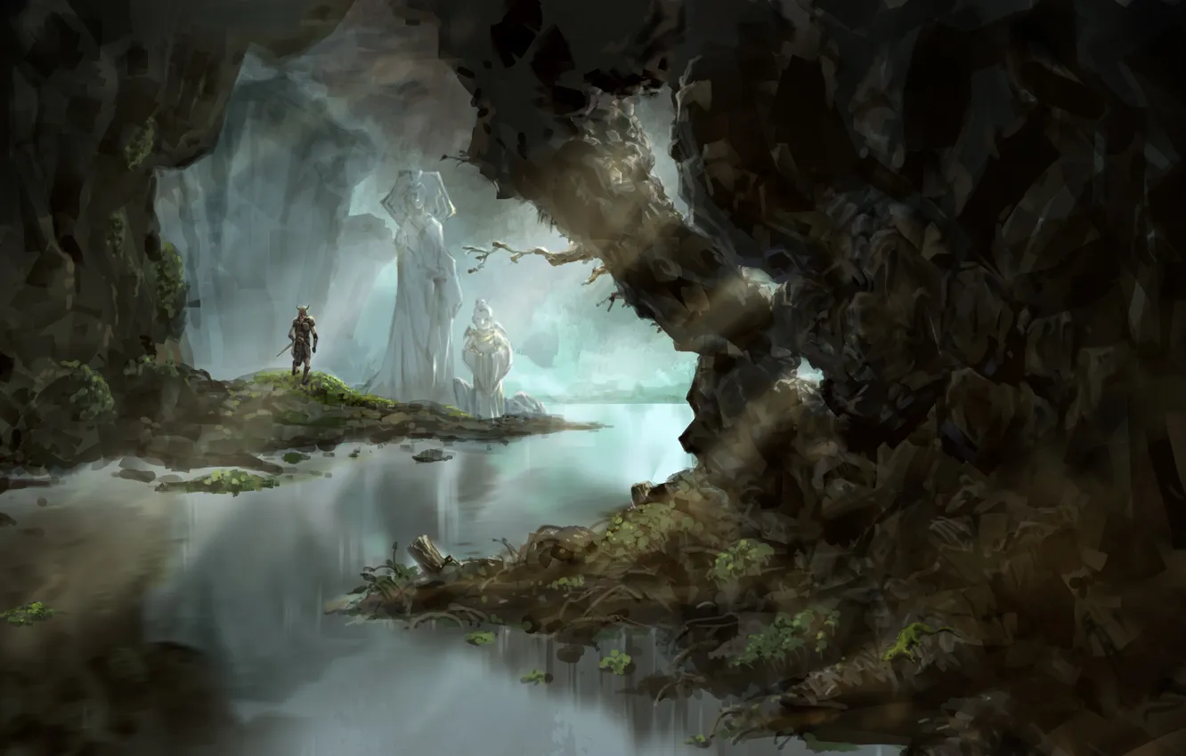 Фото обои вода, река, человек, арт, пещера, статуи