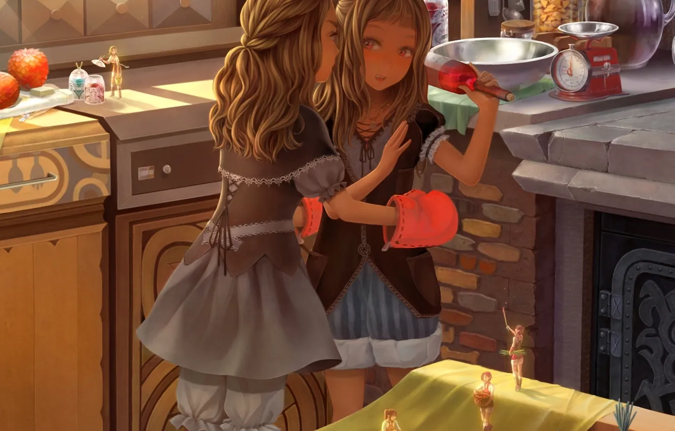 Фото обои девочки, бутылка, человечки, кухня, сестры, rozen maiden