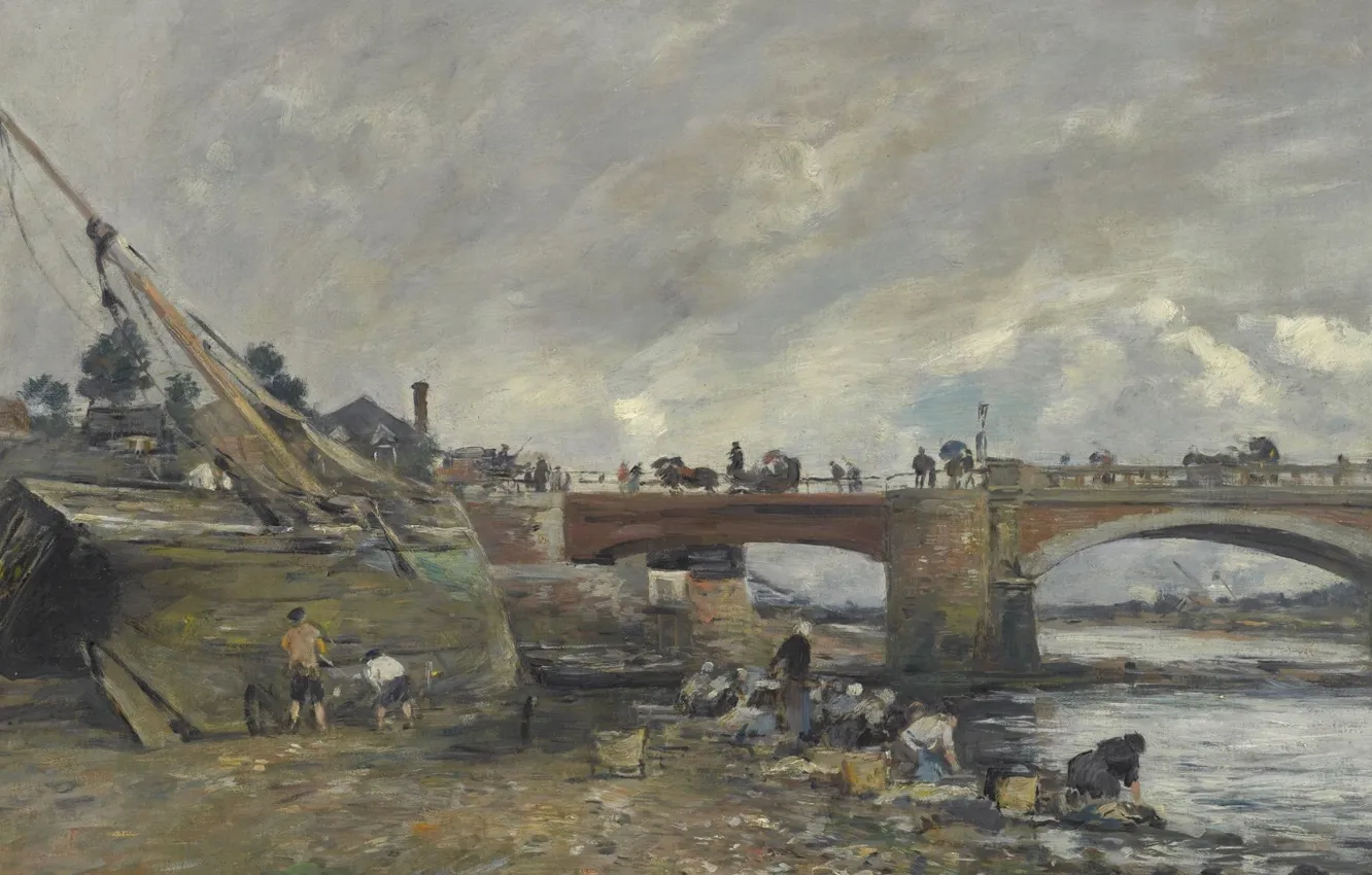 Фото обои пейзаж, река, лодка, картина, Эжен Буден, Eugene Boudin, Прачки у Моста