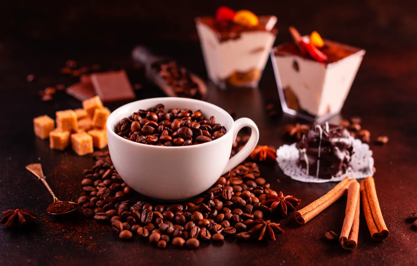 Фото обои кофе, конфеты, чашка, корица, десерт, кофейные зерна, шоколадные, пряности