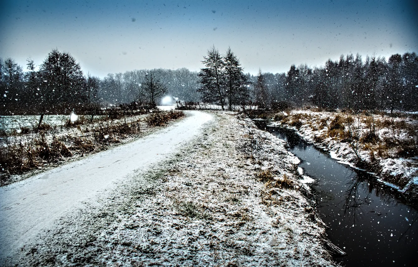 Фото обои дорога, лес, снегопад