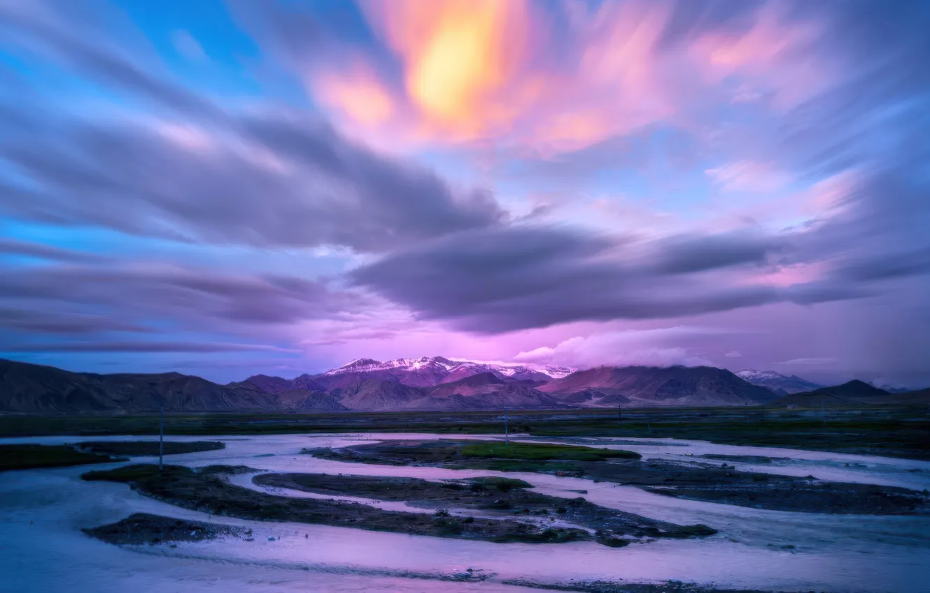 Фото обои river, sky, clouds, Mountains, snowy, peaks, long exposure