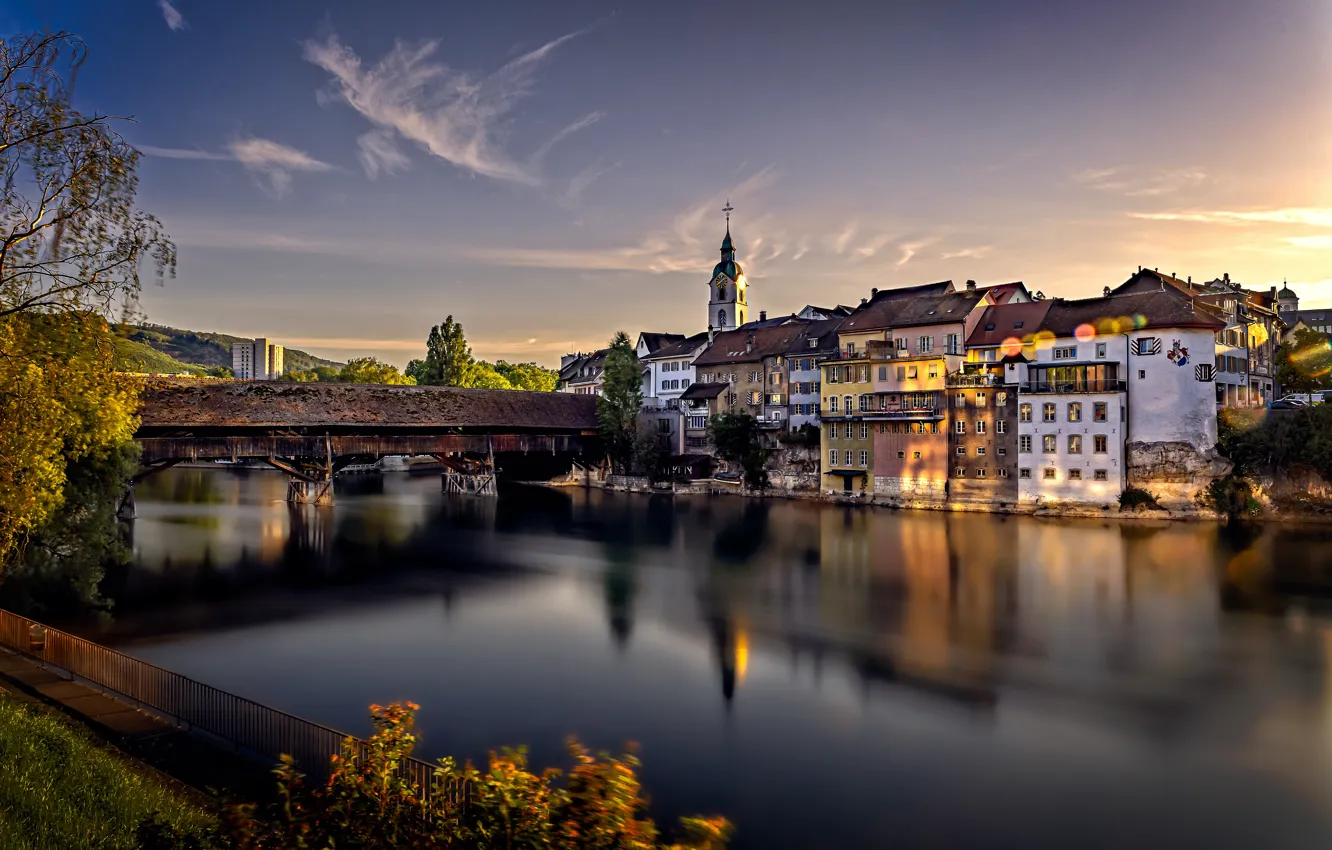 Фото обои мост, река, здания, дома, Швейцария, Switzerland, Aare River, Olten