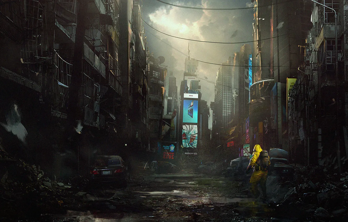 Фото обои город, апокалипсис, человек, костюм, разрушение, art, конец, света