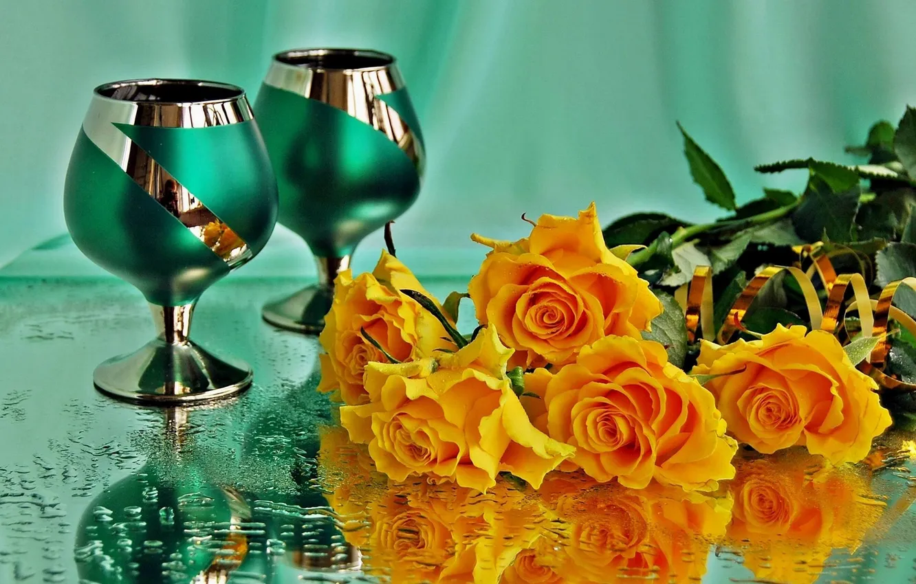 Фото обои зеленый, розы, бокалы