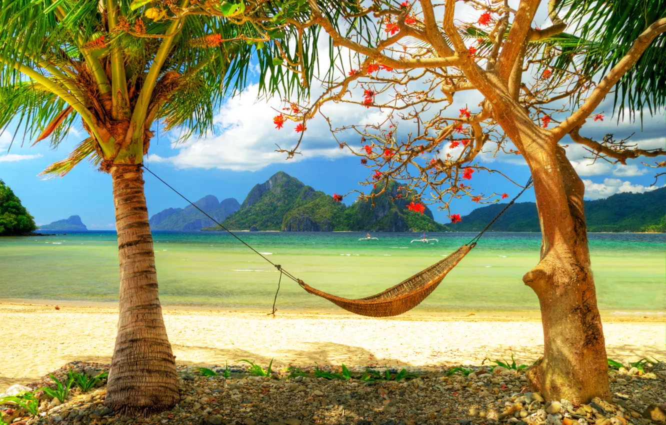 Фото обои песок, пляж, горы, пальмы, океан, берег, лодки, горизонт