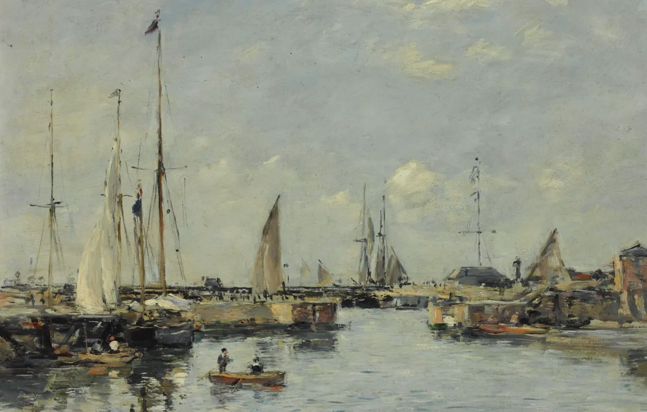 Фото обои корабль, картина, парус, Эжен Буден, Eugene Boudin, Shipping Lock at Trouville