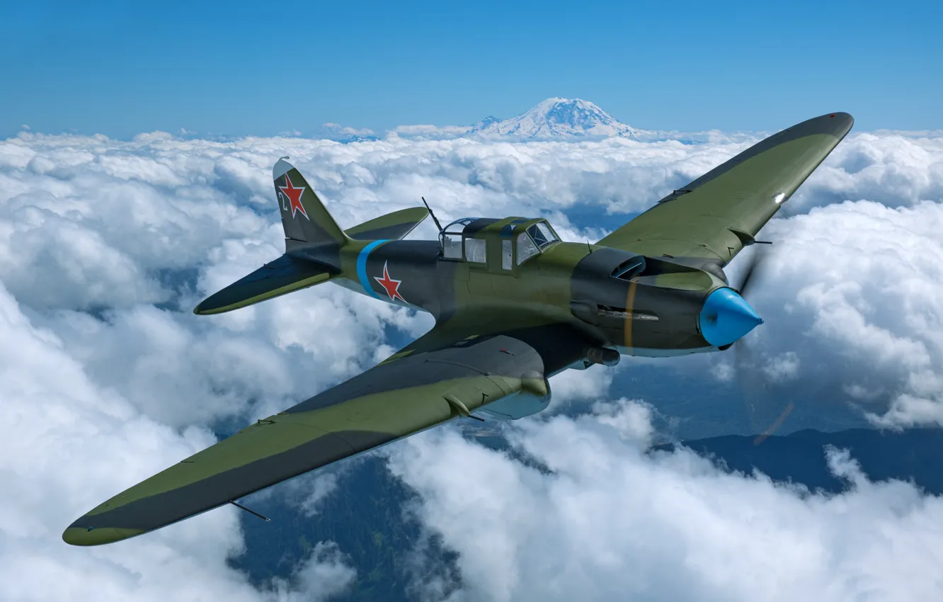Фото обои Облака, Самолет, Вторая Мировая Война, Ил-2, Штурмовик, Ил-2M3, ВВС РККА