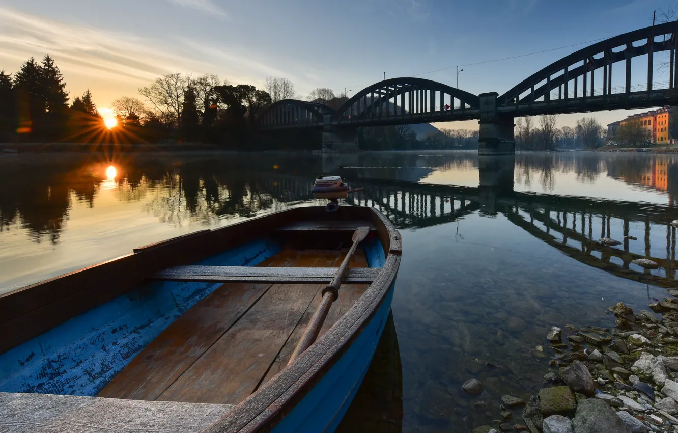 Фото обои мост, река, лодка, утро