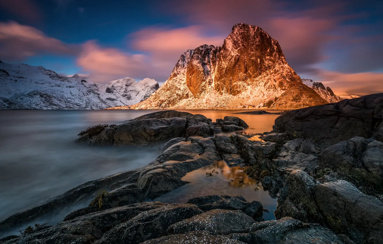 Фото обои облака, горы, камни, скалы, вечер, Норвегия, фьорд