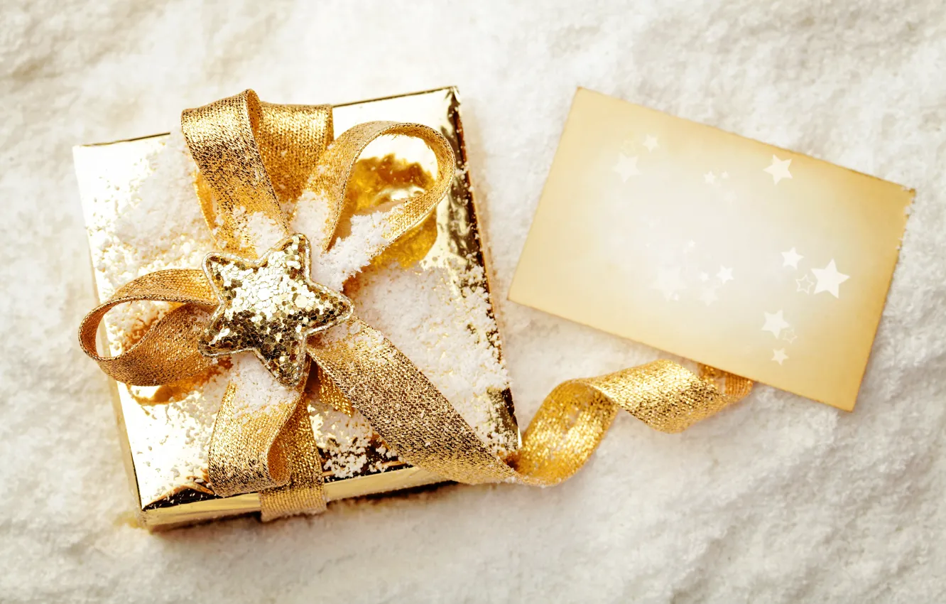 Фото обои снег, коробка, подарок, звезда, Новый Год, Рождество, лента, Christmas
