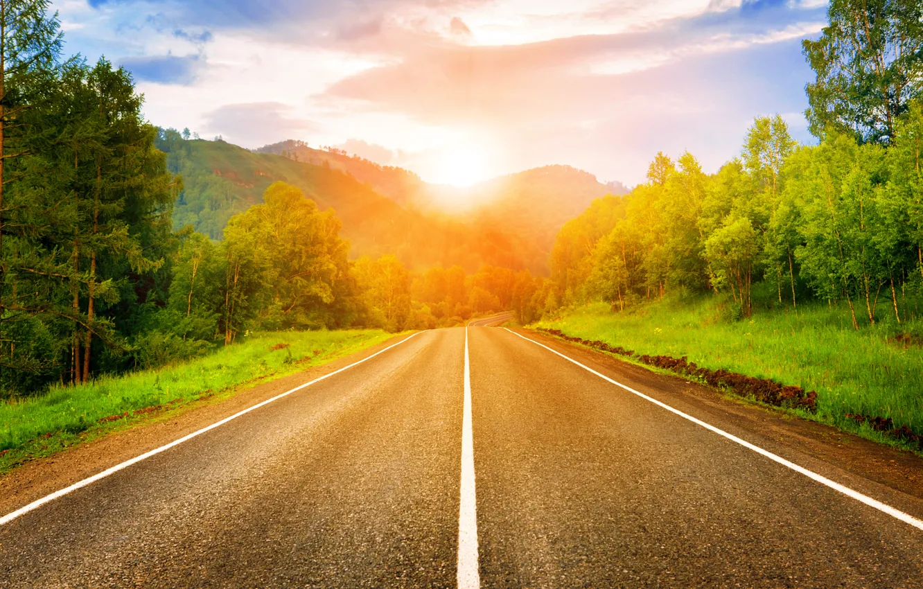 Фото обои дорога, солнце, рассвет, road, sun, sunrise, dawn