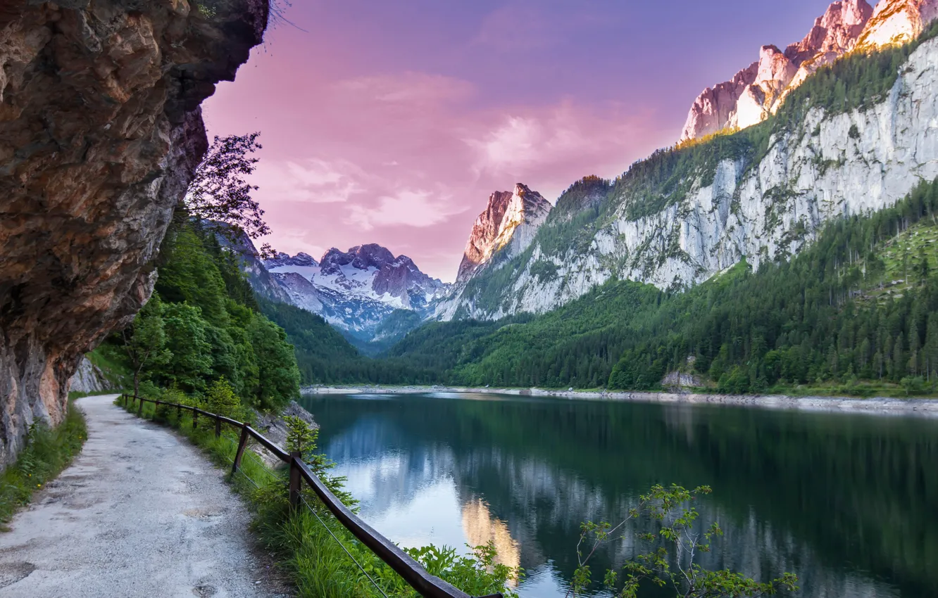 Фото обои пейзаж, горы, природа, озеро, утро, Австрия, Альпы, дорожка