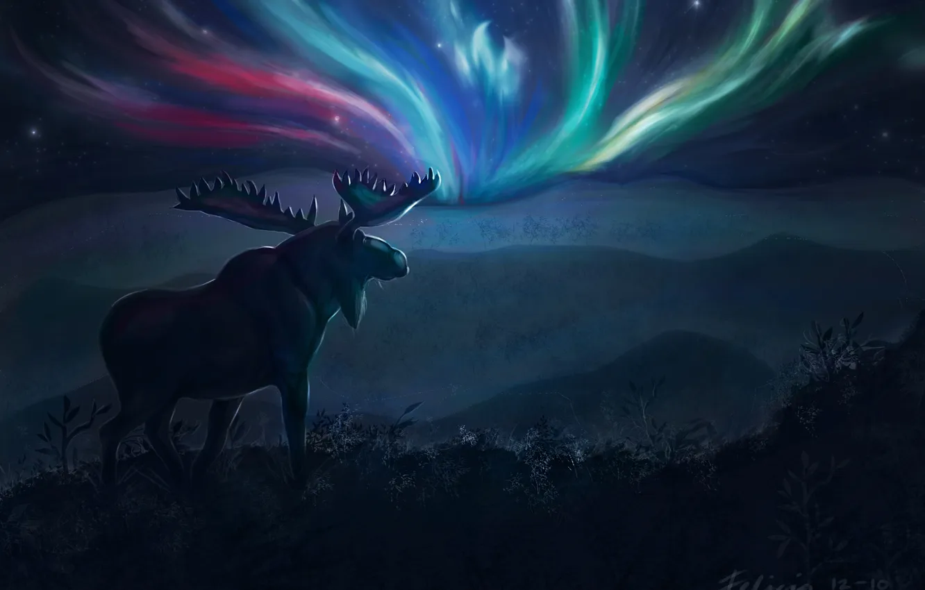 Фото обои пейзаж, ночь, северное сияние, арт, рога, лось